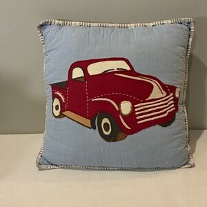 Pottery Barn Kids Red‎ Truck Throw Pillow 12x12 Blue Quilted Farmhouse Americana
